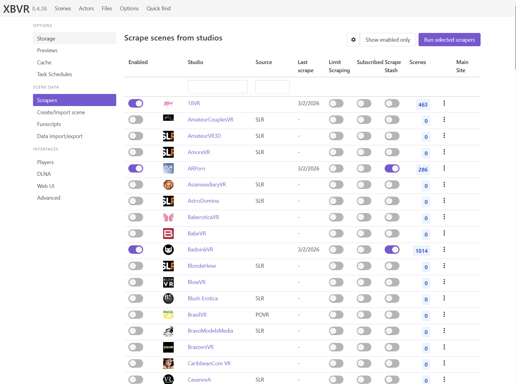 XBVR scraper interface — Scene Data page showing available scrapers